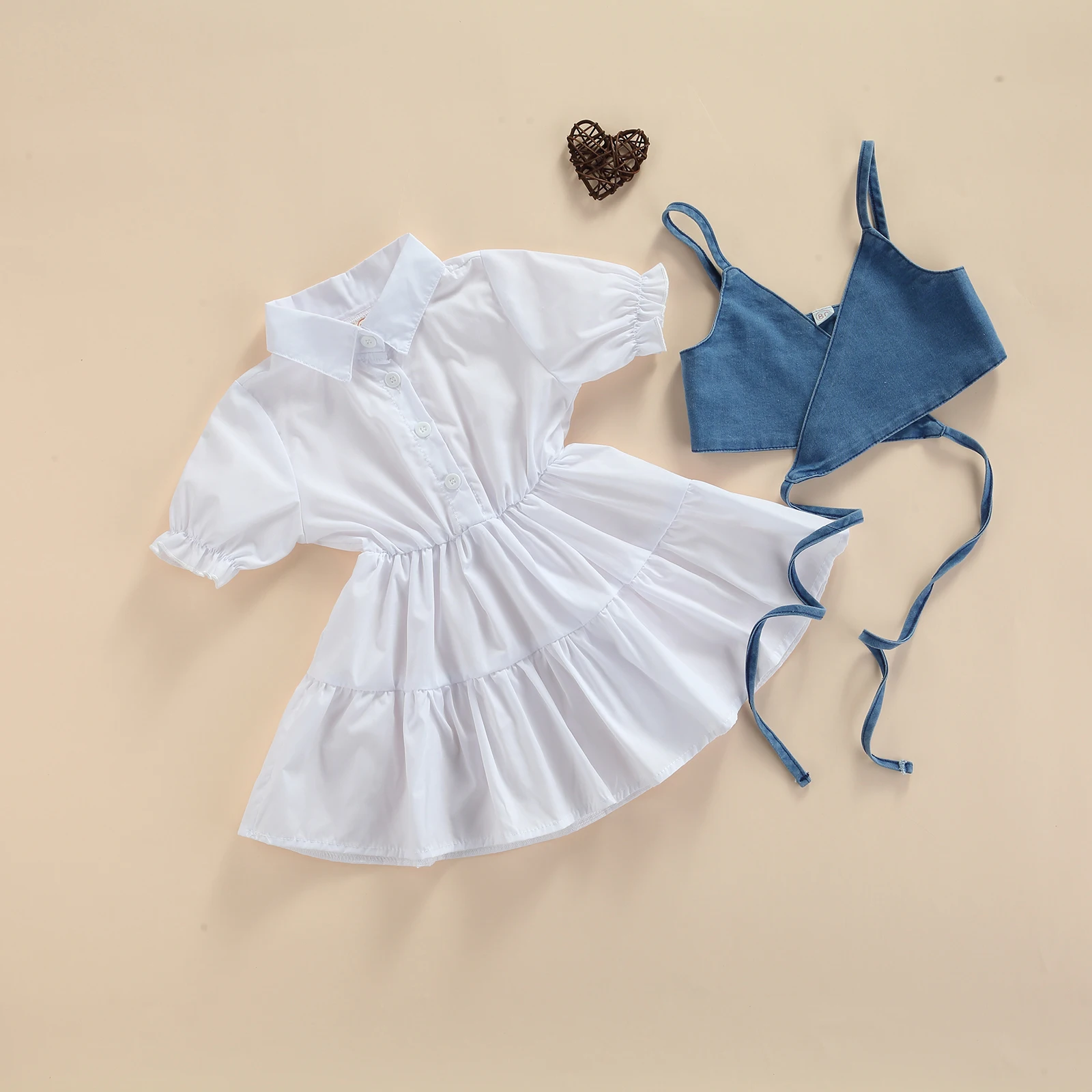 Платье с коротким рукавом + джинсовый жилет для малышей Регулируемая повязка