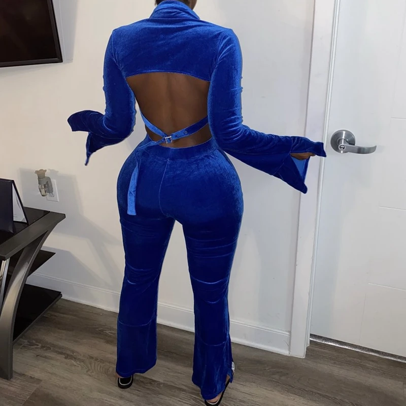 

ZOOEFFBB Sexy Festival Velour Two Piece Set Backless Long Sleeve Top and Pants Fall Outfits for Women Clothes Velvet Lounge Wear
