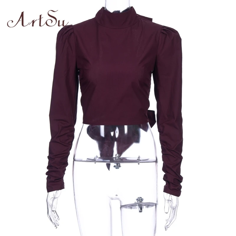 ArtSu Winered Сексуальная Блузка с открытой спиной и галстуком бабочкой рубашка