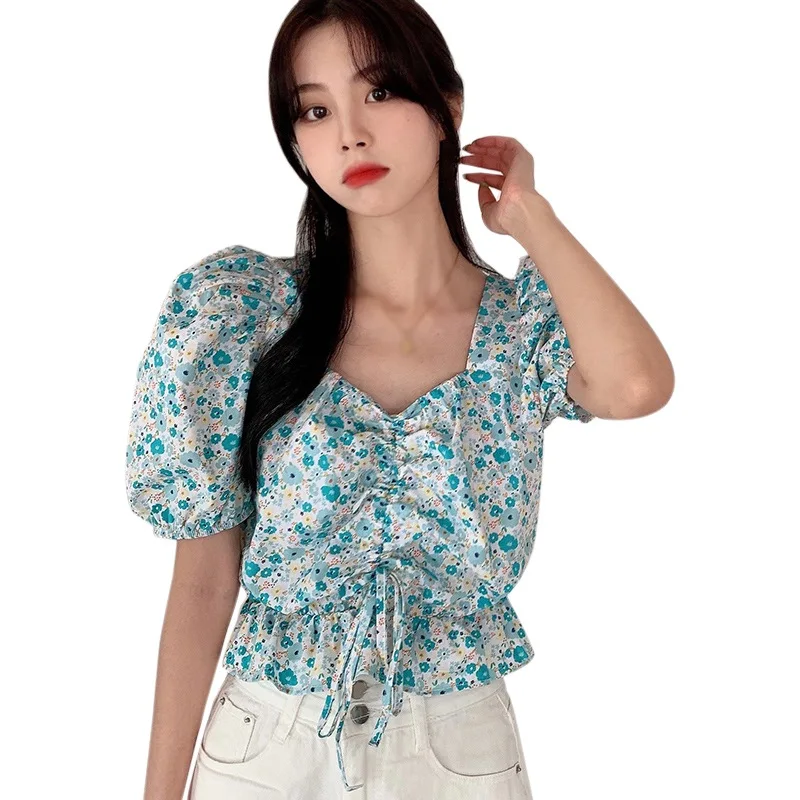 

Women's Floral Print V-Neck Shirts Summer Short Sleeve Sweet Pleated Small Floral Print Short Chiffon Tops