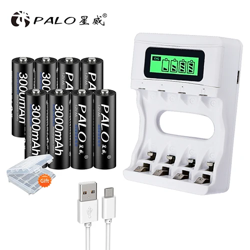PALO Smart lcd дисплей USB зарядное устройство для Ni-Cd Ni-MH AA AAA аккумуляторы+ 4 шт. AA батареи+ 4 шт. AAA батареи - Цвет: USB
