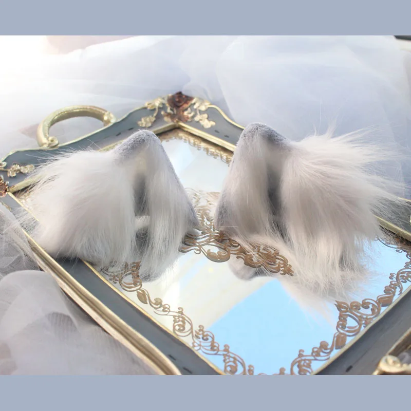 

Handmade Lolita Ear Headdress Plush Cute Faux Fur Animal Cat Ears Tabby Cat Gray Blue Gadget Cat Ear Side Clip Hair Accessories