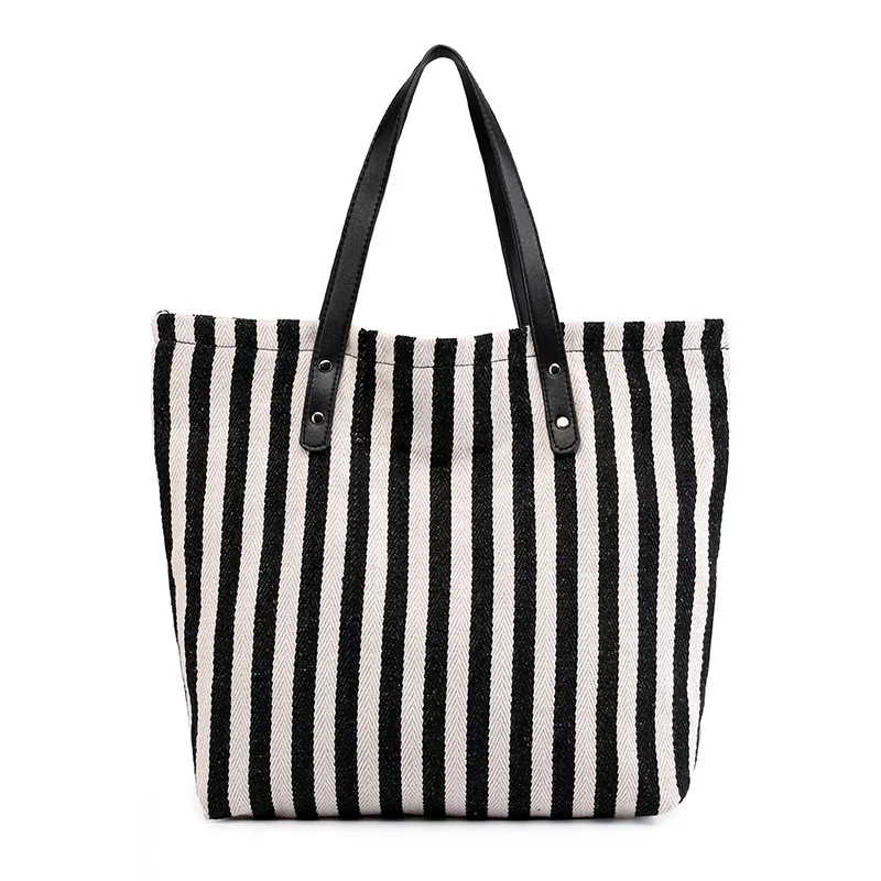 KVKY большая холщовая модная прочная женская сумка через плечо в черно-белую
