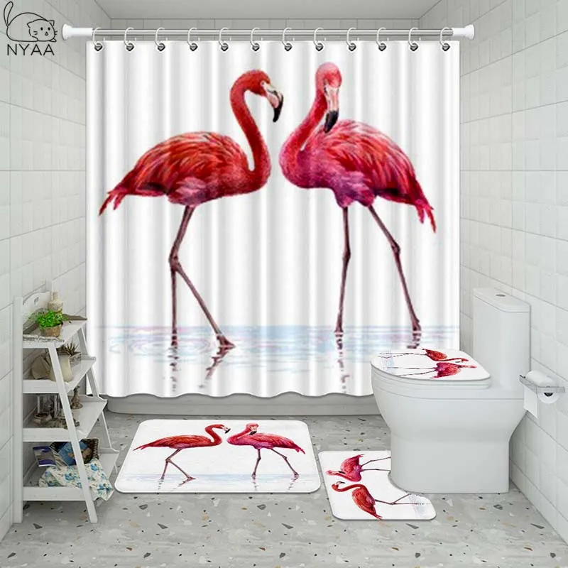 Vixm Animals Flamingo Bathroom Waterproof Shower Curtain Set Pedestal Rug Lid Carpet Toilet Cover Bath Mat | Дом и сад