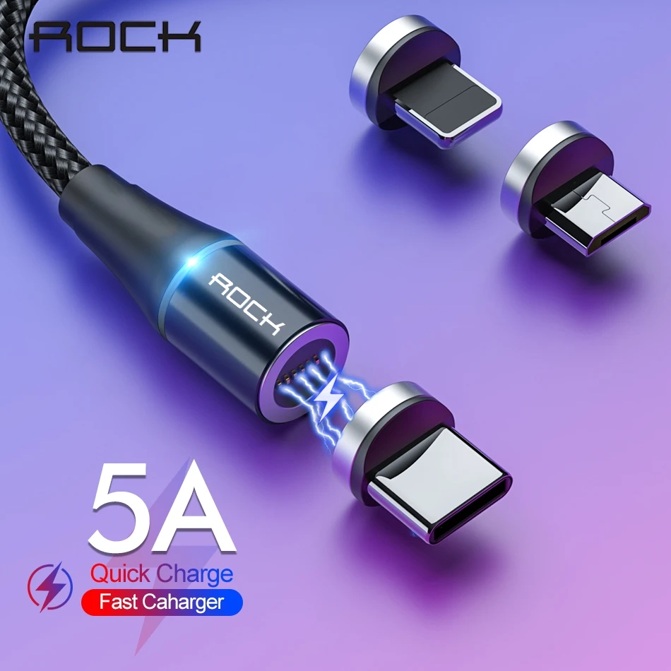 ROCK 5A Магнитный кабель Micro Usb type C супер быстрая зарядка телефона Usb C светодиодный светильник для iPhone Xiaomi huawei Android Phone 1 м 2 м