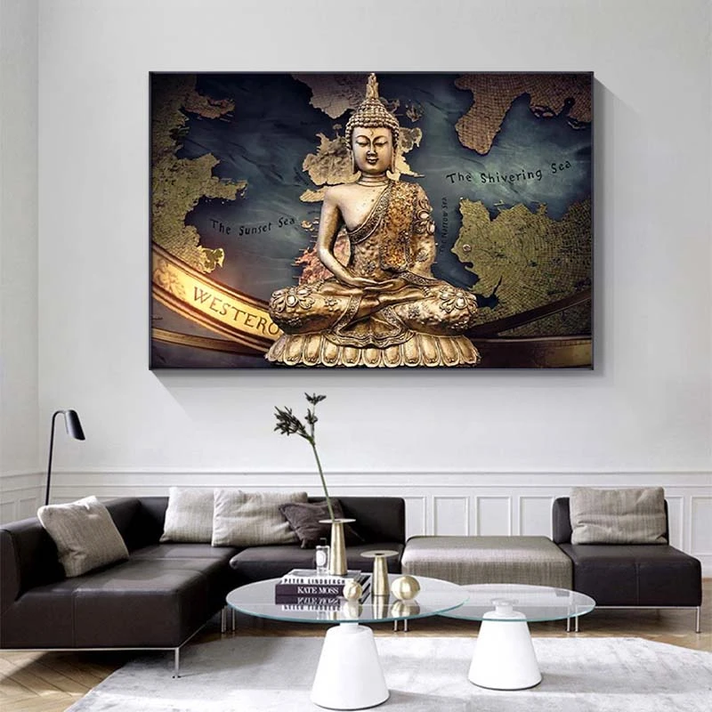 

Vintage Gold Buddha Statue with World Map Canvas Painting Posters and Prints Buddhist Temple Living Room Wall Picture Home Decor
