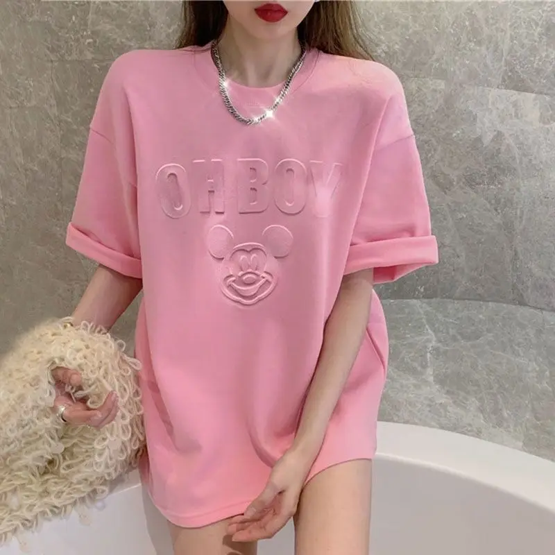 

Cartoon Mickey Mid-Length T-Shirt Ladies Loose Print Tops Summer Round Neck Kawaii Top Tie Dyed Tshirts Streetwear Women 2021