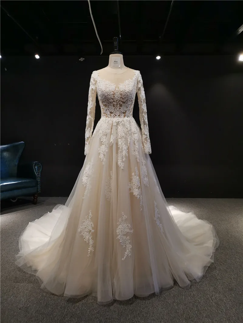 

Новинка 2021, высокое качество, настоящий образец, цветочное кружево, цвет шампанского, v-образный вырез, длинные рукава, трапециевидной формы,...