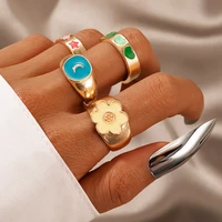 hi man 4pcsset hip hop rock mixed enamel star moon flower heart ring women temperament simple engagement jewelry