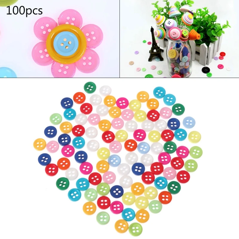 

100Pcs 4 Holes Mixed Color Round Resin Buttons Fit For Sewing And Scrapbook 9mm