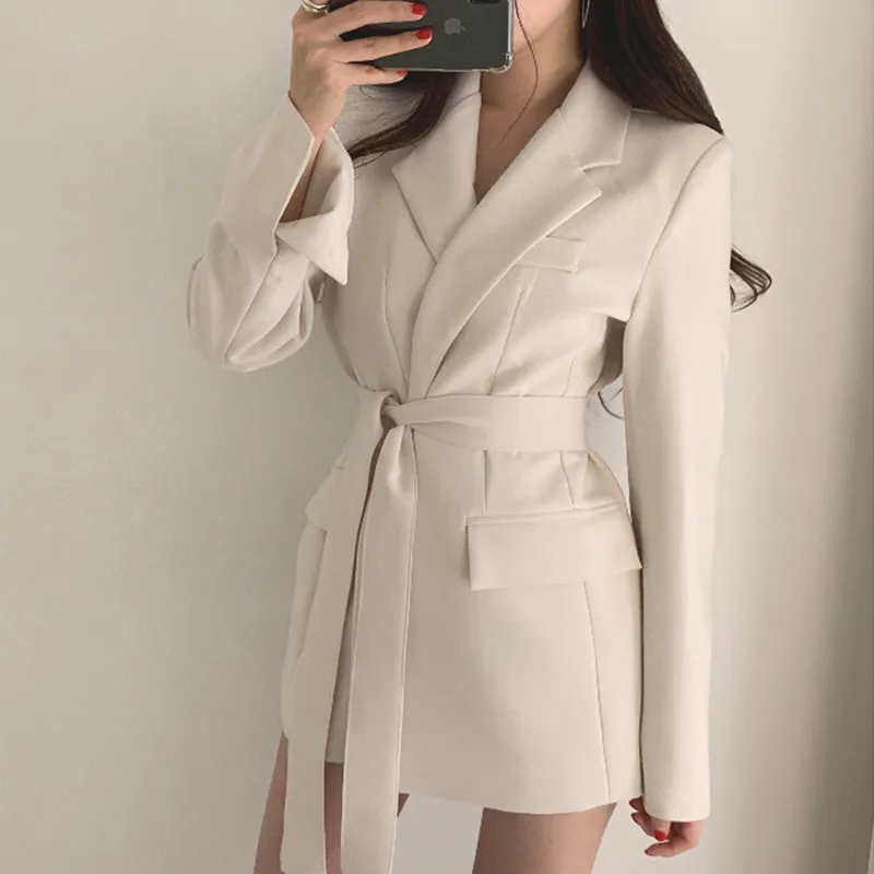 

Office Ladies Blazer Dress Women Suits with Belt Outerwear Women's Jackets 2020 Long Sleeve Elegant White Black Jacket Female