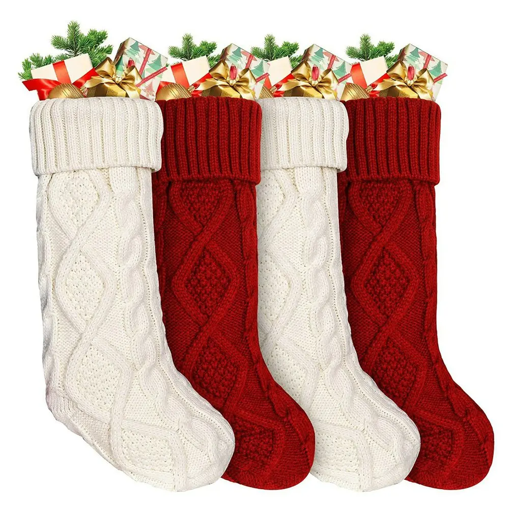 

4PCS Christmas Stocking Gift Bag Large Bag Candy Bag Christmas Tree Decoration Sock Xmas Hanging Knitted Rhombus Stocks