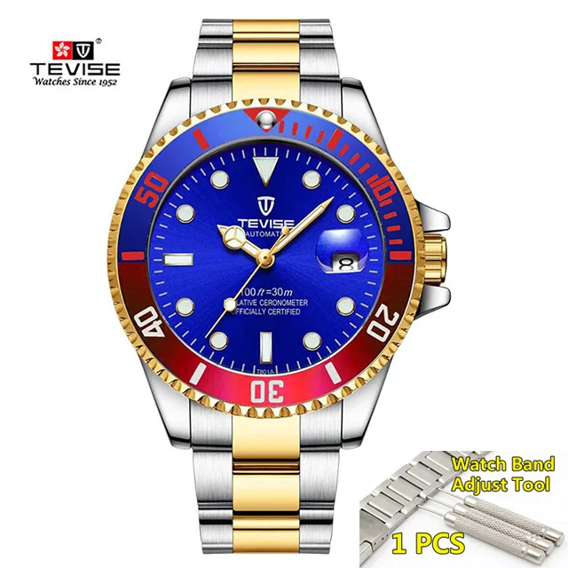 Tevise Top Brand Luxury Men Mechanical Watches Automatic waterproof Stainless Steel Men Wristwatches Relogio Masculino - Цвет: 10-blue-red-silver