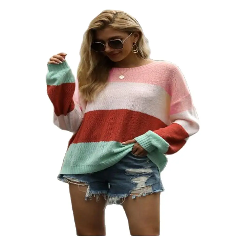 Autumn Fashion 2020 Women O-Neck Sexy Dew Shoulder Stripe Long Sleeve Pullovers Streetwear Casual Loose Lantern Sweater | Женская одежда