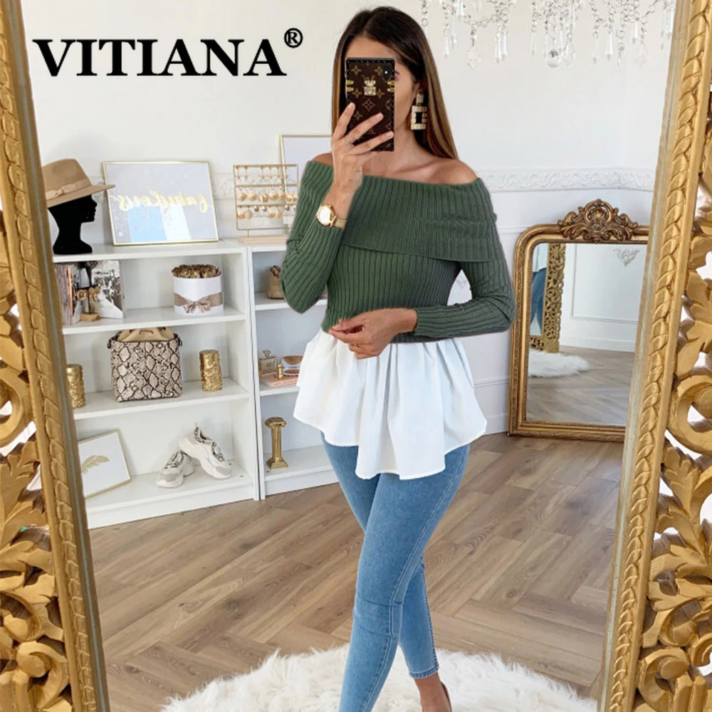 Женский вязаный свитер VITIANA Повседневный пуловер с длинными рукавами и открытыми