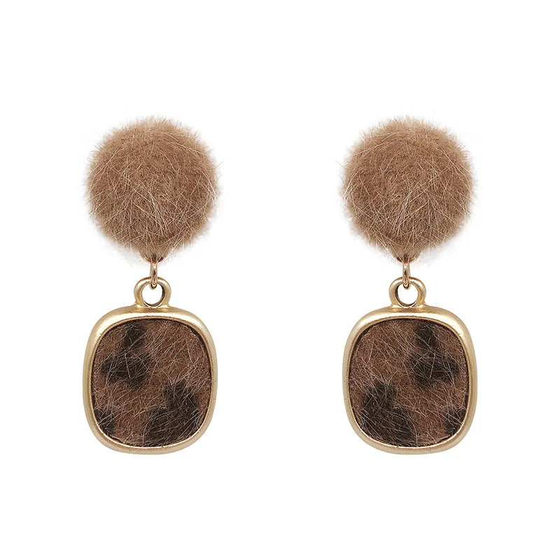 

TIMRONLY Korean Fashion Square Leopard Drop Earrings Brown Color Hairy Ball Earring for Women Mejur Temperament Jewelry 2020
