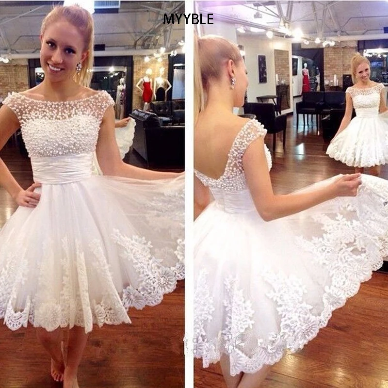 Купи 2021 White Short Wedding Dresses Brides Sexy Pearl Lace Knee-Length Wedding Dress Bridal Gown DressPlus Size Vestido De Noiva за 3,869 рублей в магазине AliExpress