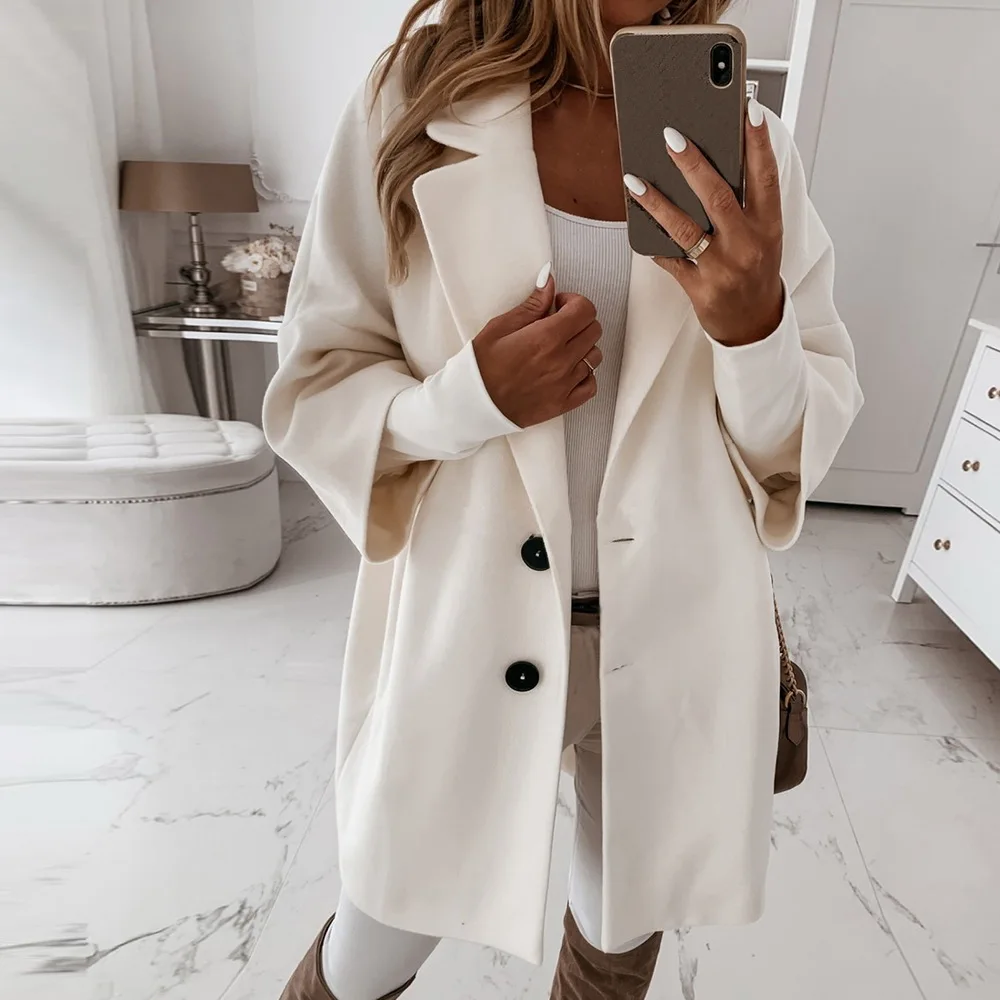

2021Women Long Woolen Autumn Winter Coat Jacket Three Quarter Sleeve Loose Coat High Street Ofiice Ladies Long Jacket