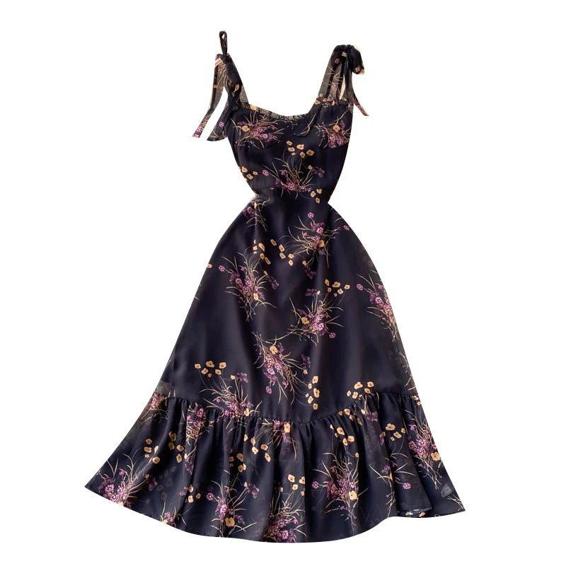 

Women French Print Strap Dress Sexy Sleeveless Ruffles A-line Chiffon Dresses Summer Boho Vacation Beach Midi Sundress
