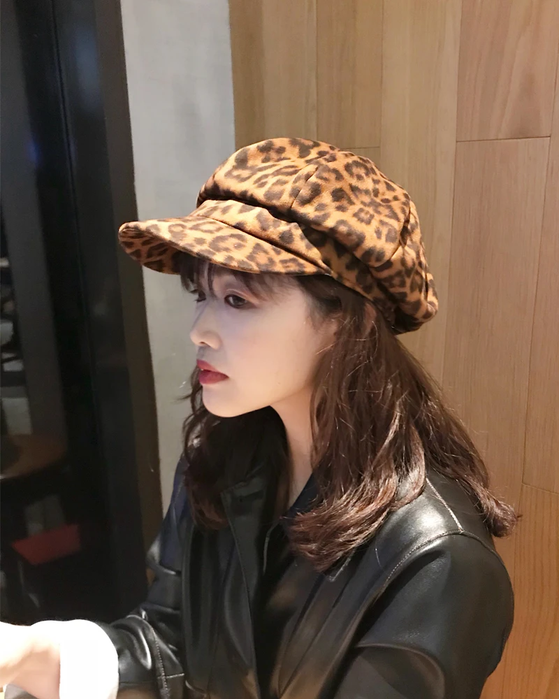 [Lakysilk] Female Leopard Hat Winter Women Print Caps Ladies Casual Beret Hats Woman Girls Fashion Cotton Baseball Caps