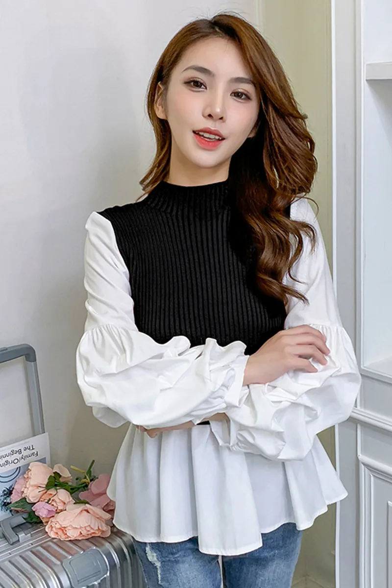 

Korean Autumn Womens Sweaters Half High Collar Lantern Sleeve Pullovers Spliced Chiffon Pullovers Women Office Lady Harajuku