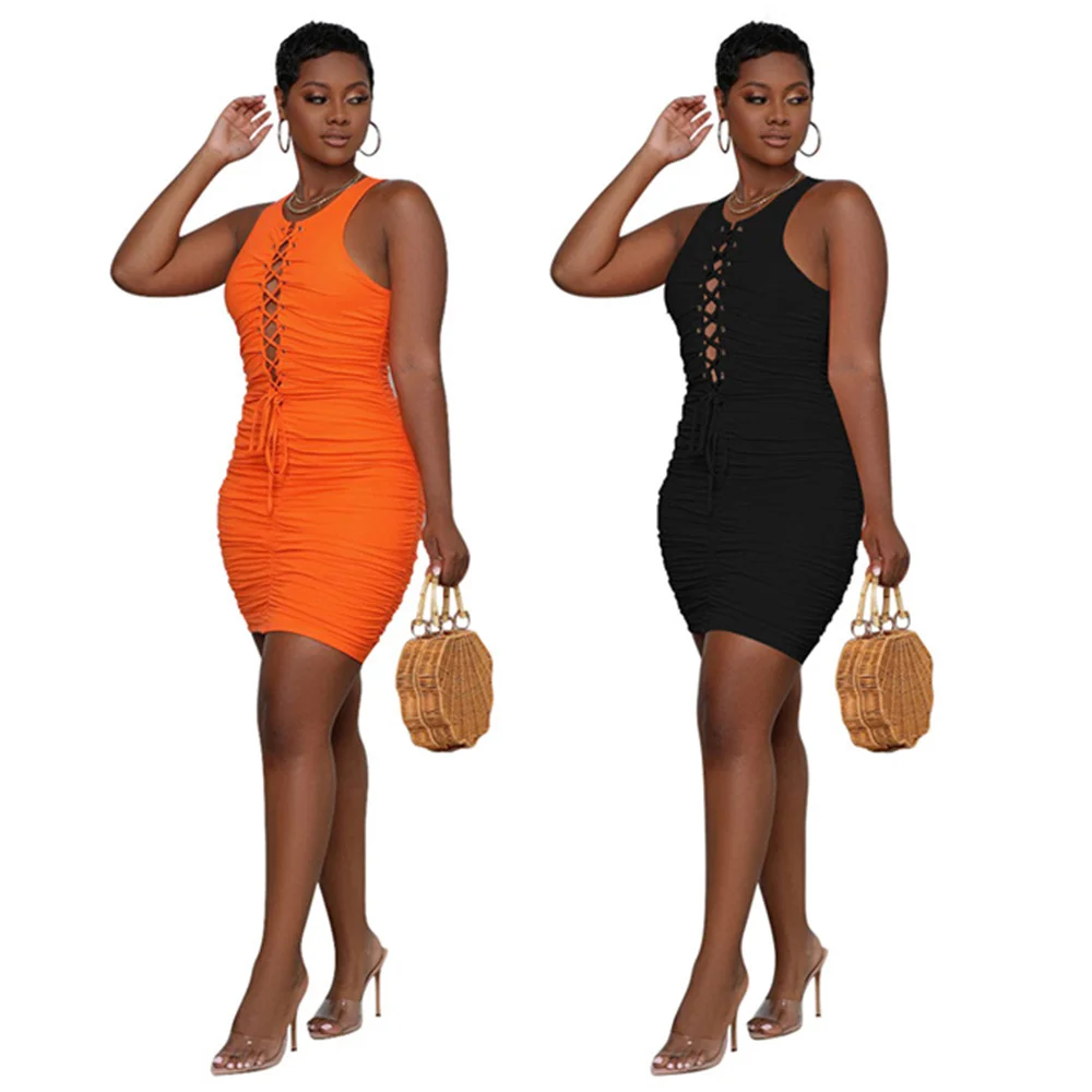 

RStylish 2021 Новое Женское летнее платье без рукавов, круглый вырез, облегающее люверсы узкие пикантные повязки плиссированные вечерние ночной ...