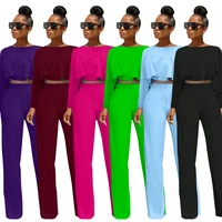 fall clothes for women fashion two piece casual suits long sleeve dip hem crop top shirt loose pants set