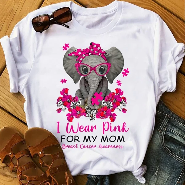 

I Wear Pink For My Mom Elephant Shirt Breast Cancer Awareness Gift T-Shirt