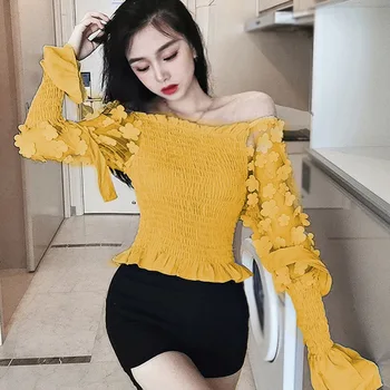 Spring Girl Palace Style Blouse Super Fairy Sweet Three-dimensional Mesh One-shoulder Puff Sleeve Short Shirt 1
