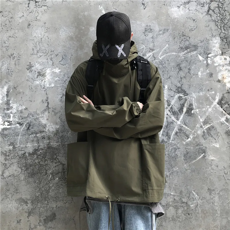 

2021 Spring Men Streetwear Pocket Cargo Hooded Jackets Coat Mens Harajuku Oversized Windbreaker Male Hip Hop Bomber Jacket