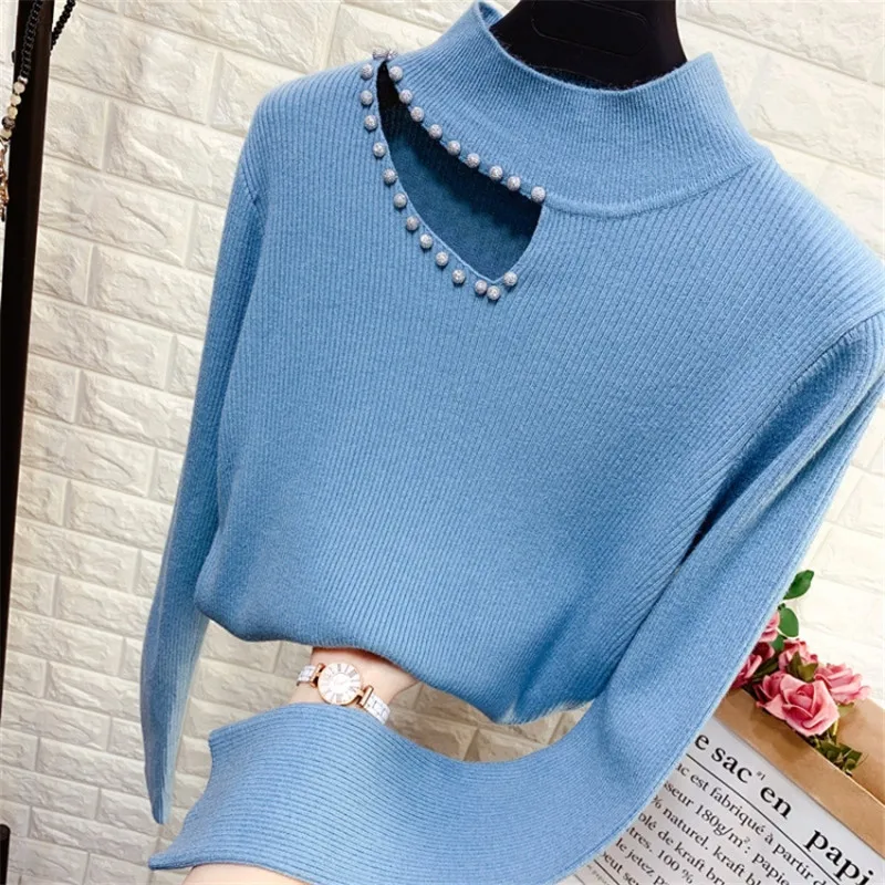 Women autumn winter knitted sweaters hollow mesh long sleeve elasticity beaded casual bottoming pullovers 3140 | Женская одежда
