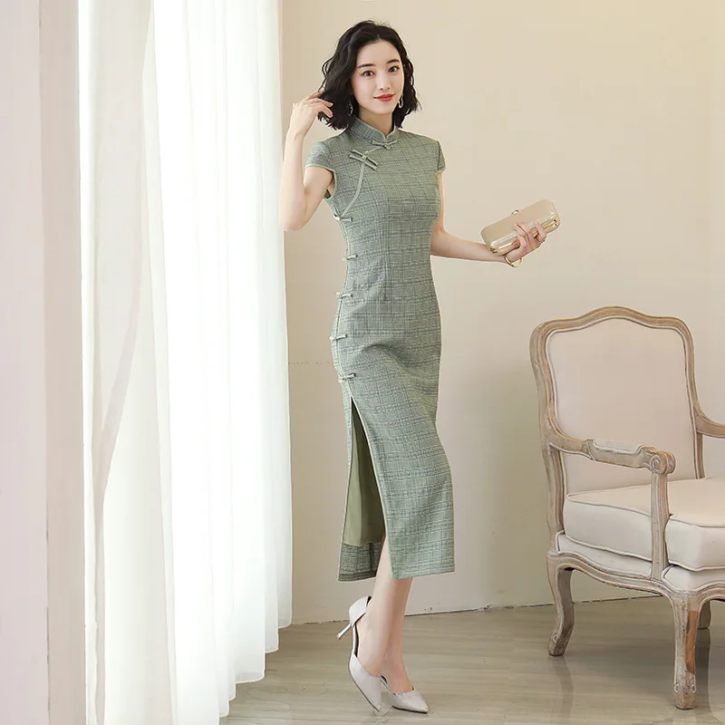 Женское длинное платье-Ципао в стиле ретро хлопково-льняное платье клетку для