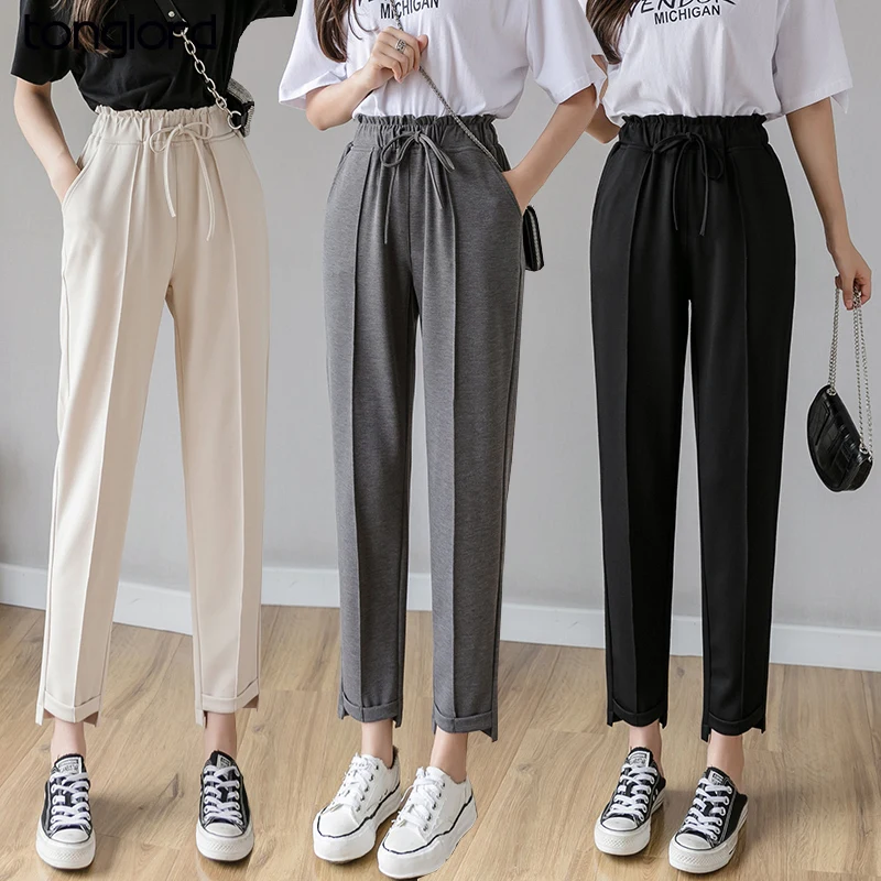 

Tonglord Lace-up Elastic Waist Casual Pants Women's Autumn 2020 New Korean Style High Waist Loose Thin Irregular Nine Pants