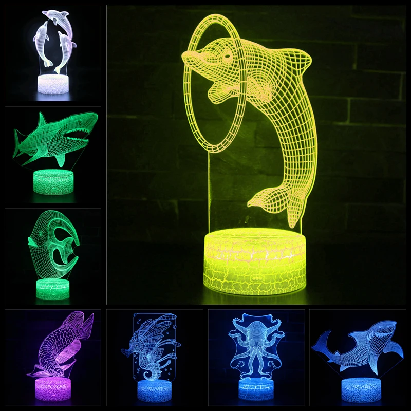 

3D Night Light Anime Ocean World Dolphin LED Table Lamp Shark Touch USB Remote Control 16 Color Children's Bedroom Novelty Gift