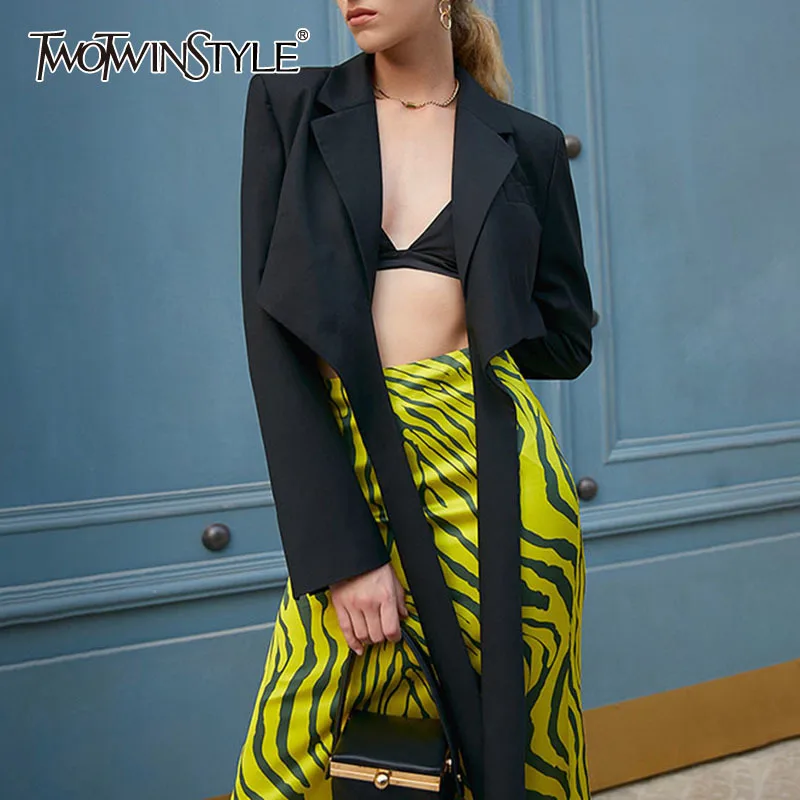 

TWOTWINSTYLE Patchwork Lace Up Women's Blazer Coat Lapel Collar Long Sleeve Cropped High Waist Slimming Coat For Female Coats