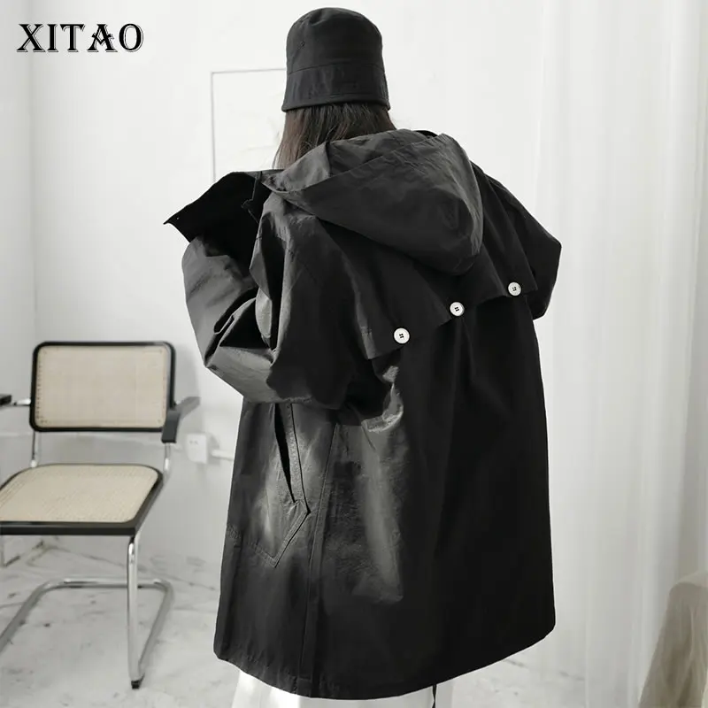 

XITAO Patchwork Button Casual Trench Women Tide Fashion New Style Hooded Collar Long Sleeve Pocket Drawstring Solid Color ZY4741