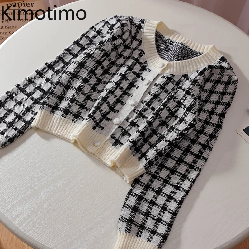 

Kimotimo Plaid Sweater Cardigan Women Korean Chic Vintage V-neck Knit Coat Autumn New Long Sleeve Color Contrast Female Clothes
