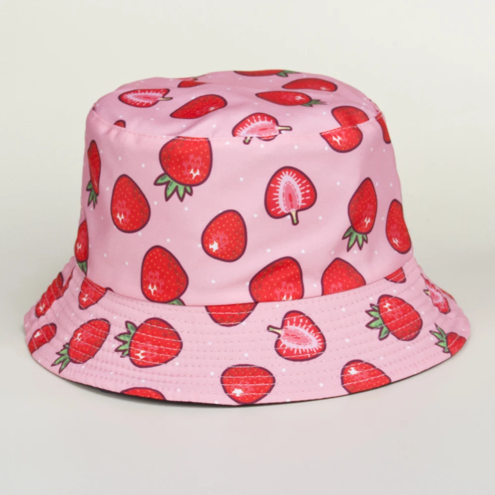 

Summer Small Fresh Cartoon Strawberry Print Fisherman Cap Girl Soft MOE Sunshade Cap Adult Cap Double-Sided Travel Basin Cap