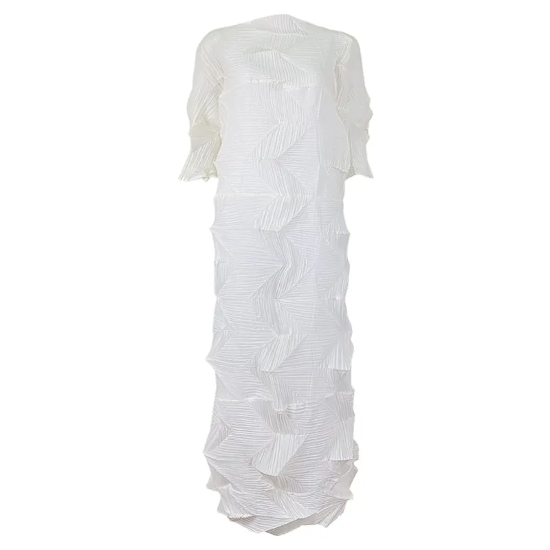 

LANMREM 2021 New Spring Summer Dress Women Three Quater Sleeve Long Dresses Fold Ladies Elegant Clothes 2E1008