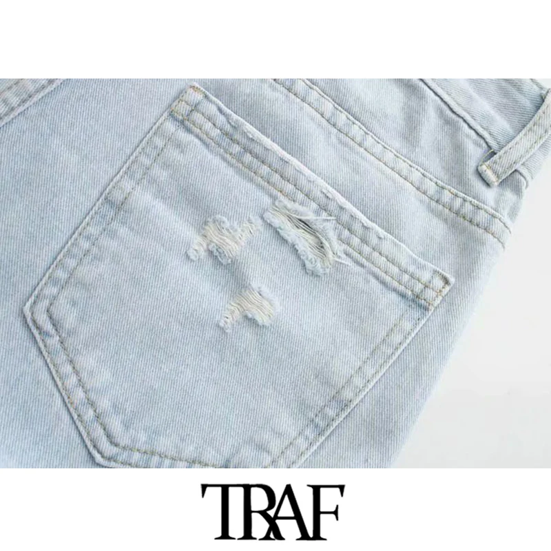 

TRAF Women Chic Fashion Ripped Detail Wide Leg Jeans Vintage High Waist Zipper Fly Female Ankle Denim Pants Mujer