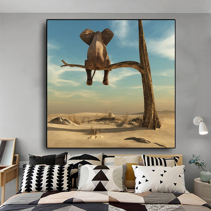 

Canvas Funny Elephant on Tree Painting Nordic Posters Prints Scandinavian Wall Art Picture for Living Room Deco