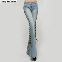 big flare denim pants female side bandage bell bottom jeans vintage long trousers women slit lace up flared jeans high fashion