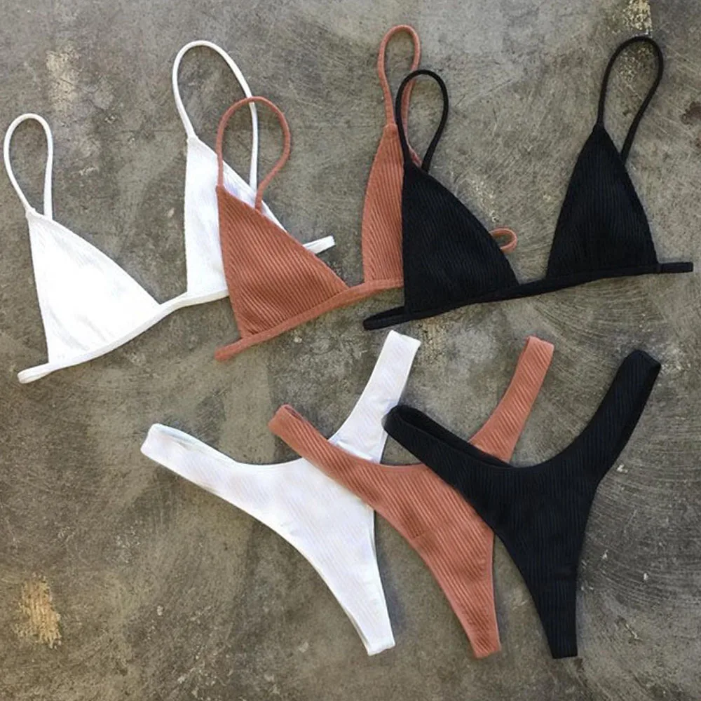 Бикини бандо Танга в рубчик бикини 2021 сексуальный комплект с высоким вырезом