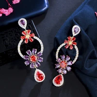 threegraces beautiful red purple cz crystal long dangle flower drop earrings for women light gold color new chic jewelry er762
