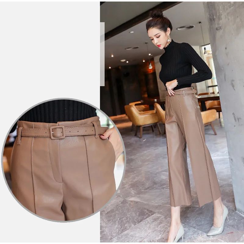 Autumn Faux PU Leather Pants Women With Belt High Waisted Wide Leg Anke-length Women's Trousers Winter NEW Fashion Clothes