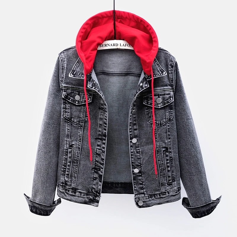 

Fashion Removable Hooded Short Denim Jacket Coat Women Outerwear Casual Loose Long Sleeve Jeans Jacket Female Chaquetas Mujer