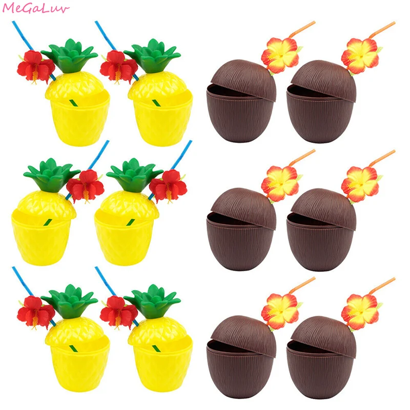 

6Pcs Plastic Tropical Pineapple Coconut Drinking Cup Fruit Shape Juice Cups Hawaiian Luau Birthday Summer Beach Pool Party Decor