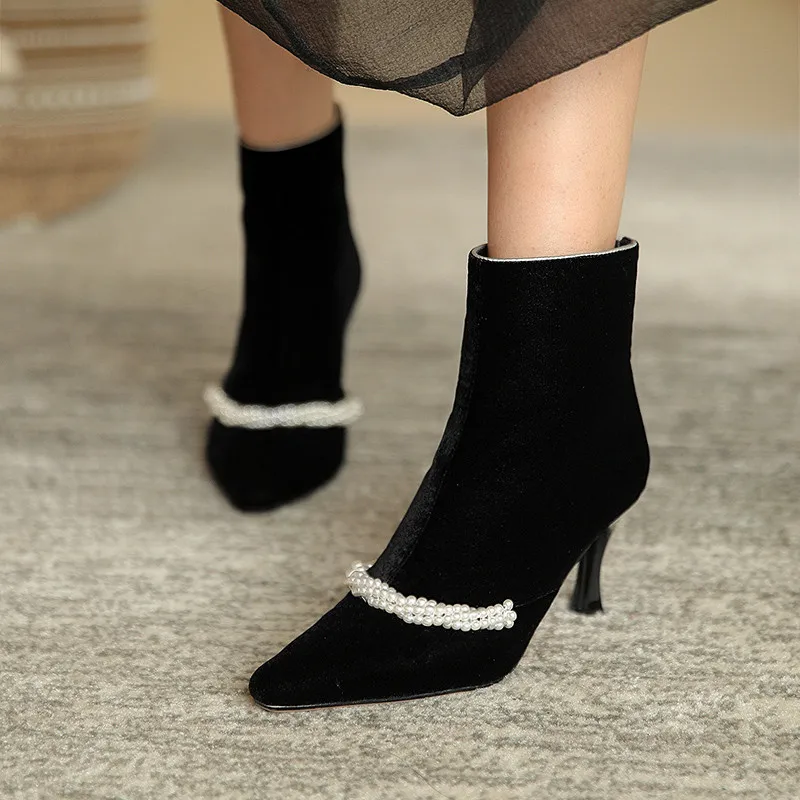 

MEMUNIA 2020 Velvet vintage thin high heel party wedding shoes women ankle boots pearl pointed toe autumn winter boots woman