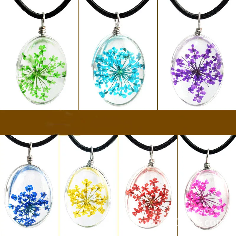 Ожерелье ручной работы из прозрачного стекла в форме эллипса ожерелье с сушеным