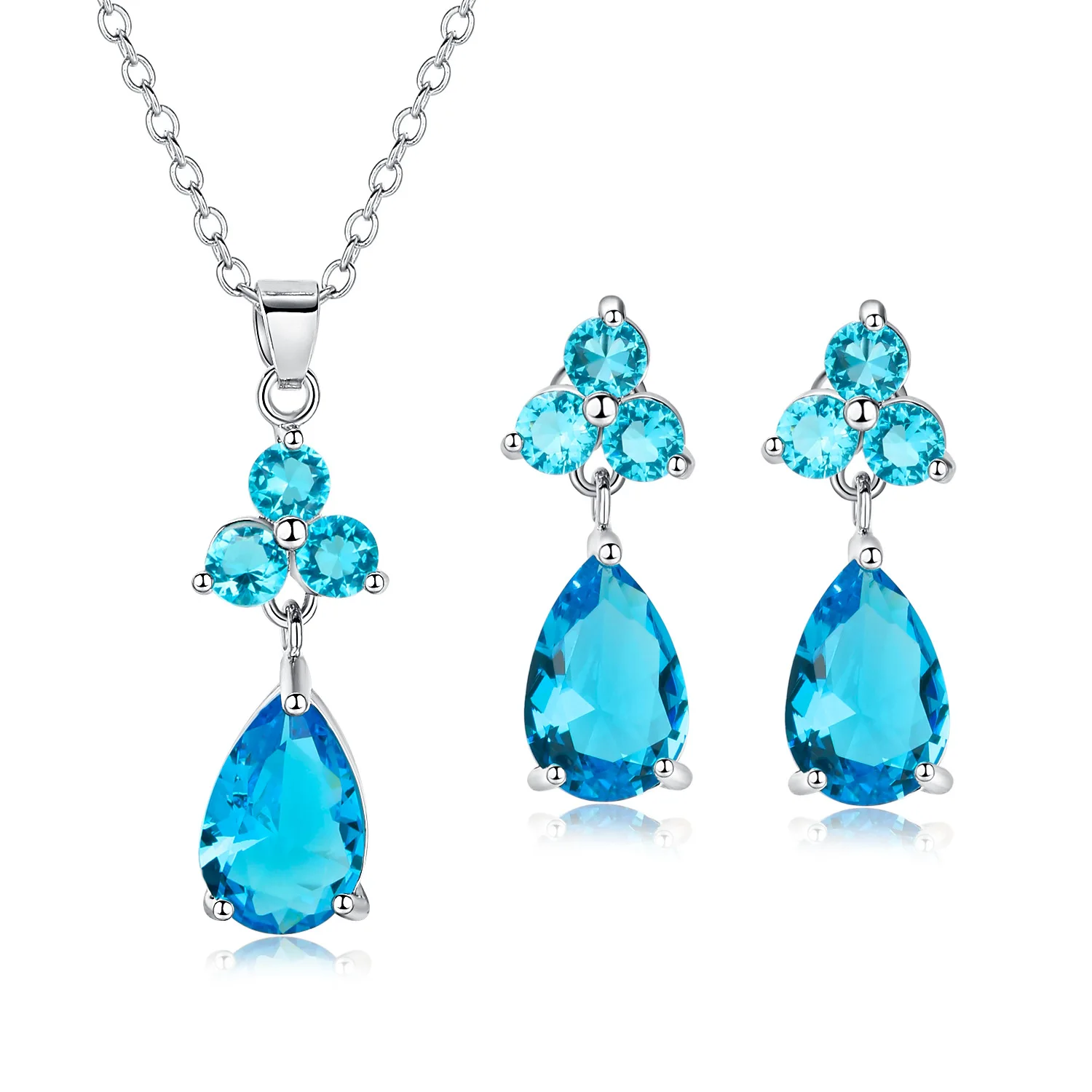

TSHOU233 Blue water drop flower zircon jewelry set parTSHOU copper blue crystal necklace pendant earrings set Gift Link